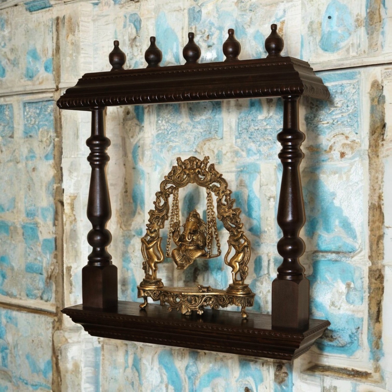 Hand-Carved Wooden Wall Mandir with Turned Pillars - DOBRI ARTS AU