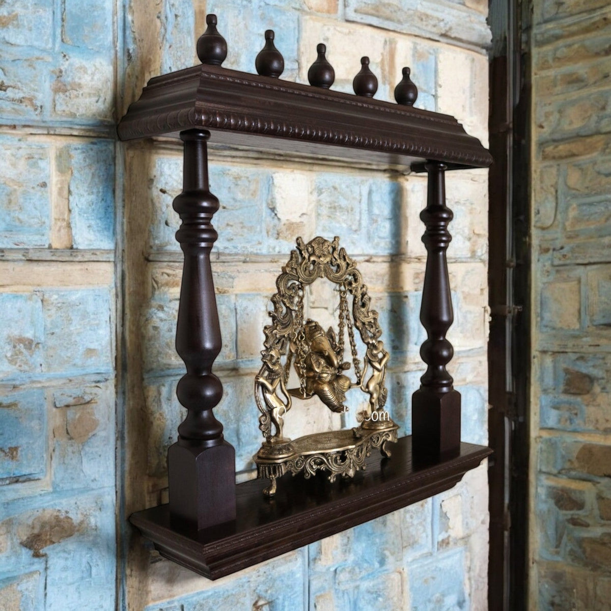 Hand-Carved Wooden Wall Mandir with Turned Pillars - DOBRI ARTS AU