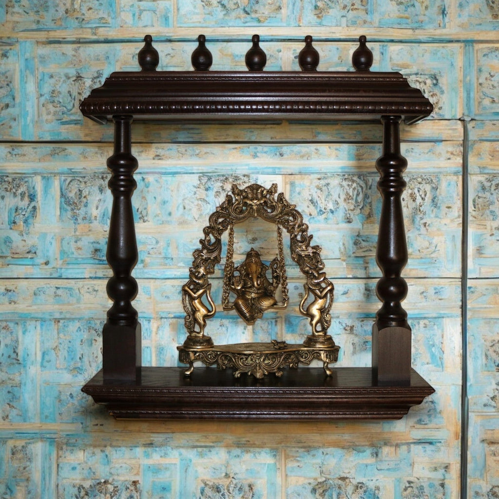 Hand-Carved Wooden Wall Mandir with Turned Pillars - DOBRI ARTS AU