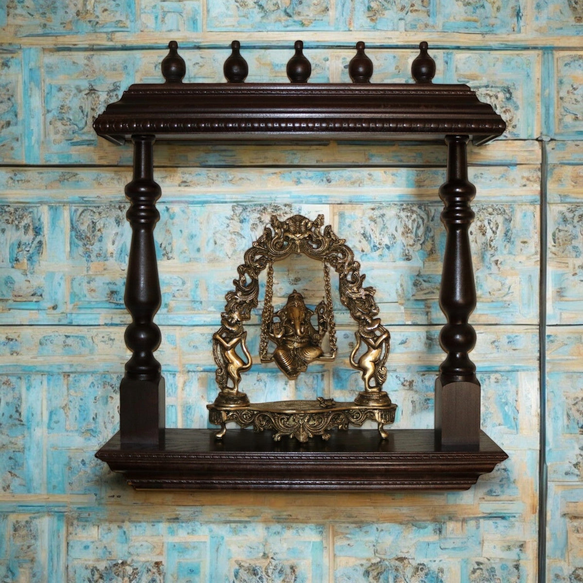 Hand-Carved Wooden Wall Mandir with Turned Pillars - DOBRI ARTS AU
