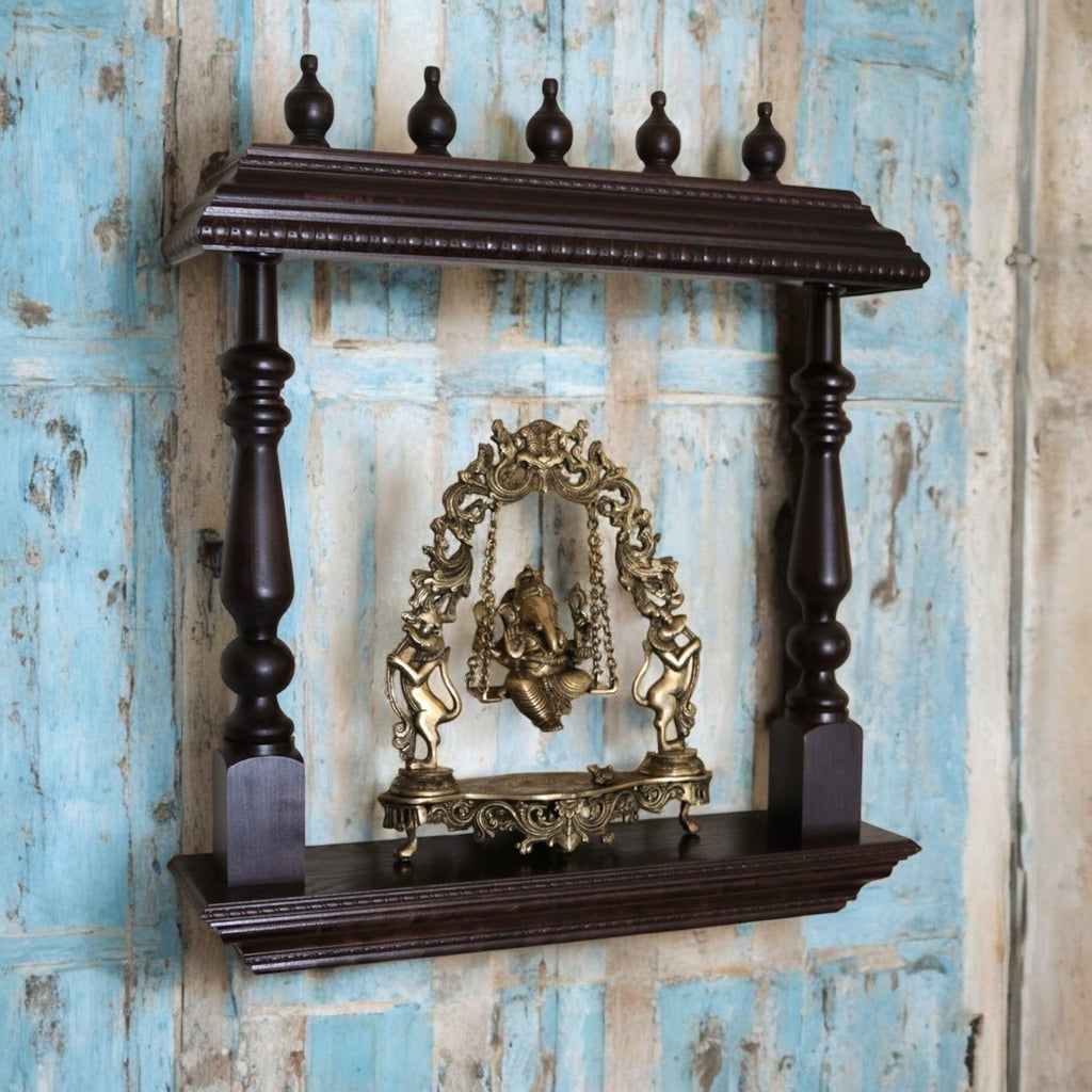 Hand-Carved Wooden Wall Mandir with Turned Pillars - DOBRI ARTS AU