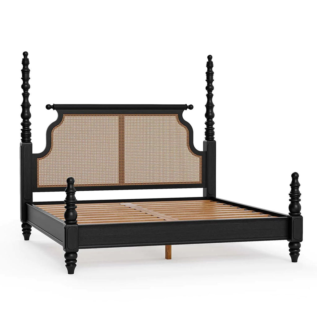 Handcrafted Black Four Poster Bed with Cane Rattan Headboard – Vintage Queen King California King Solid Wood Style Bedroom Bed Frame - DOBRI ARTS AU