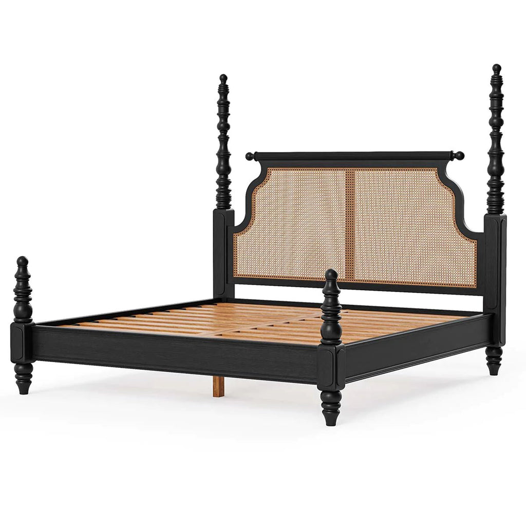 Handcrafted Black Four Poster Bed with Cane Rattan Headboard – Vintage Queen King California King Solid Wood Style Bedroom Bed Frame - DOBRI ARTS AU