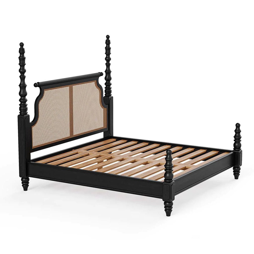 Handcrafted Black Four Poster Bed with Cane Rattan Headboard – Vintage Queen King California King Solid Wood Style Bedroom Bed Frame - DOBRI ARTS AU