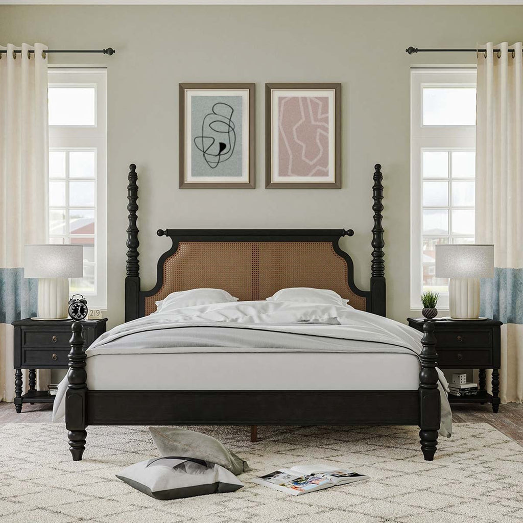 Handcrafted Black Four Poster Bed with Cane Rattan Headboard – Vintage Queen King California King Solid Wood Style Bedroom Bed Frame - DOBRI ARTS AU