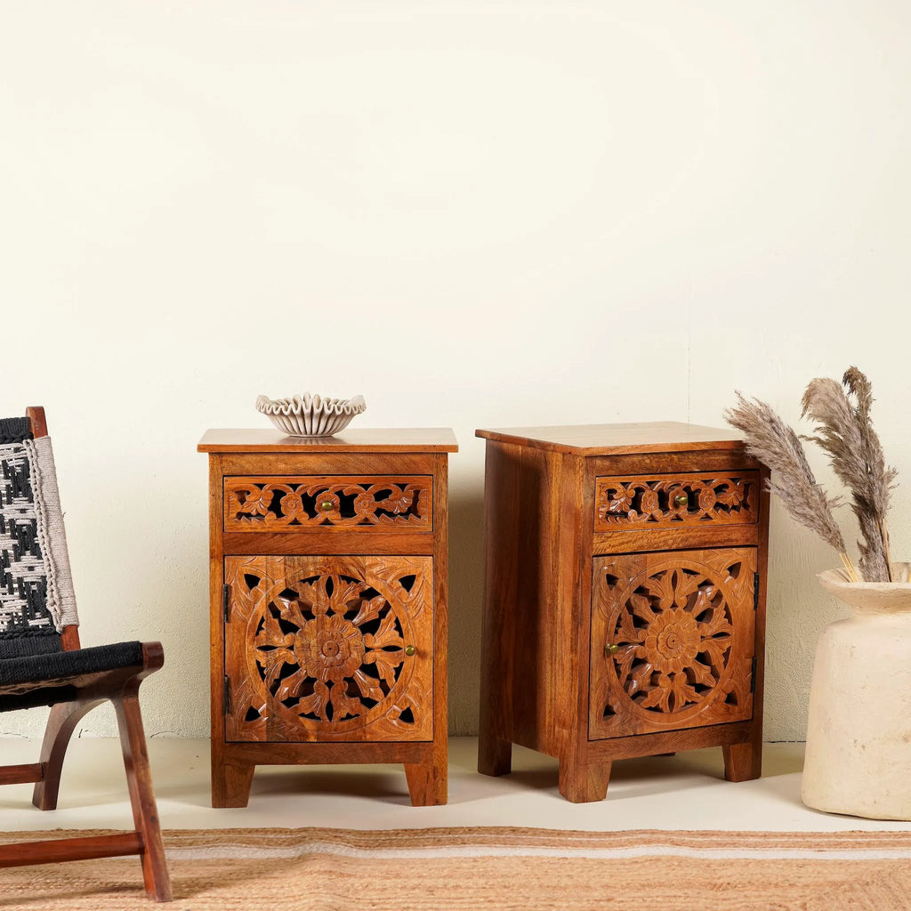 Handcrafted Floral Carved Solid Wood Bedside Cabinet - DOBRI ARTS AU