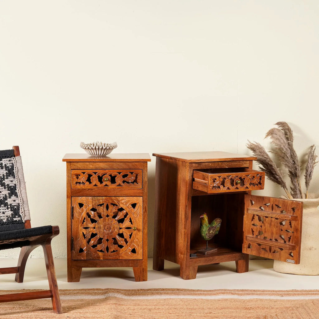 Handcrafted Floral Carved Solid Wood Bedside Cabinet - DOBRI ARTS AU