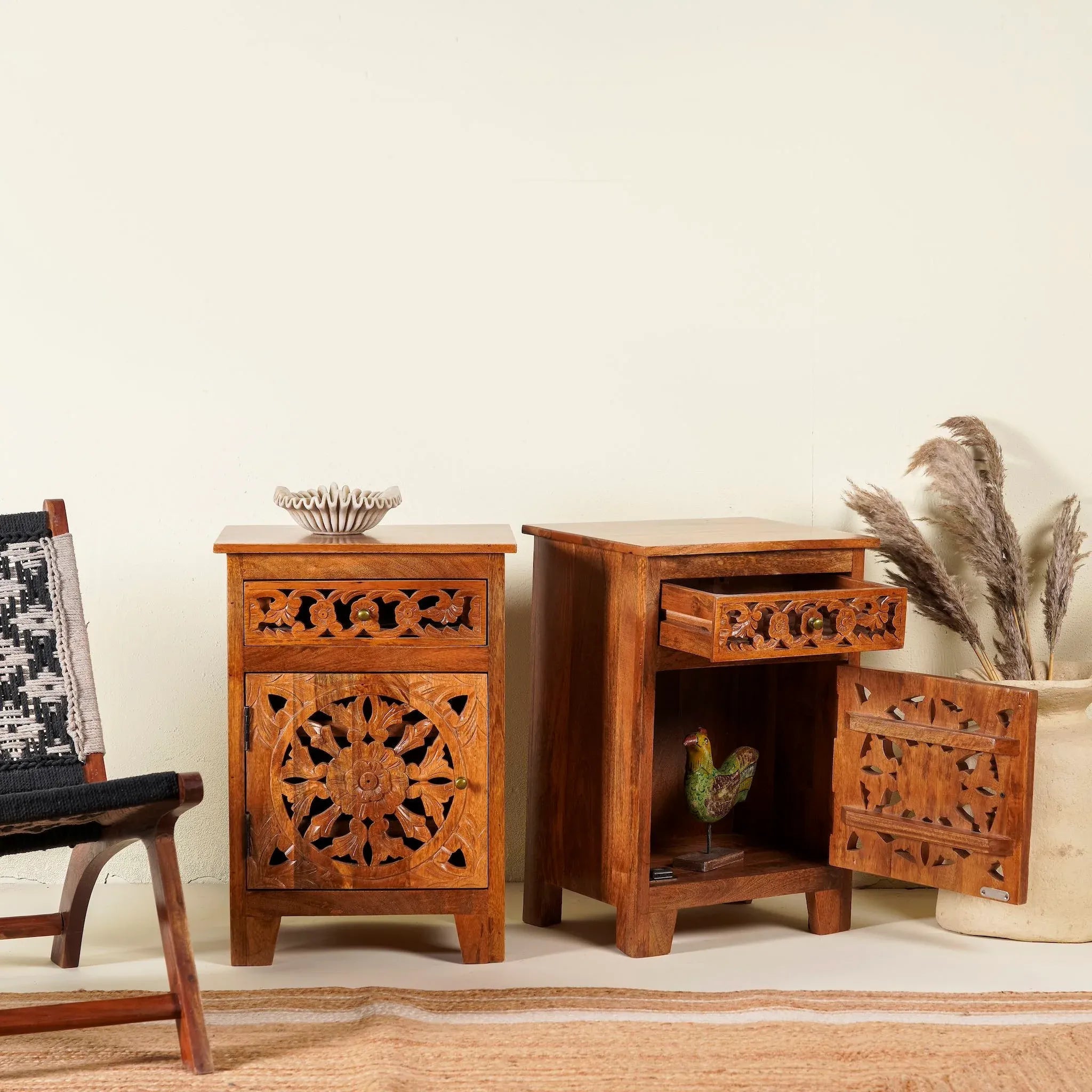 Handcrafted Floral Carved Solid Wood Bedside Cabinet - DOBRI ARTS AU