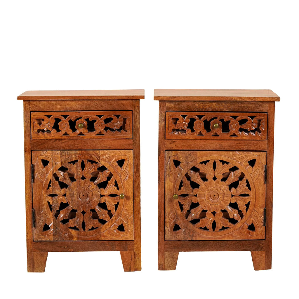 Handcrafted Floral Carved Solid Wood Bedside Cabinet - DOBRI ARTS AU