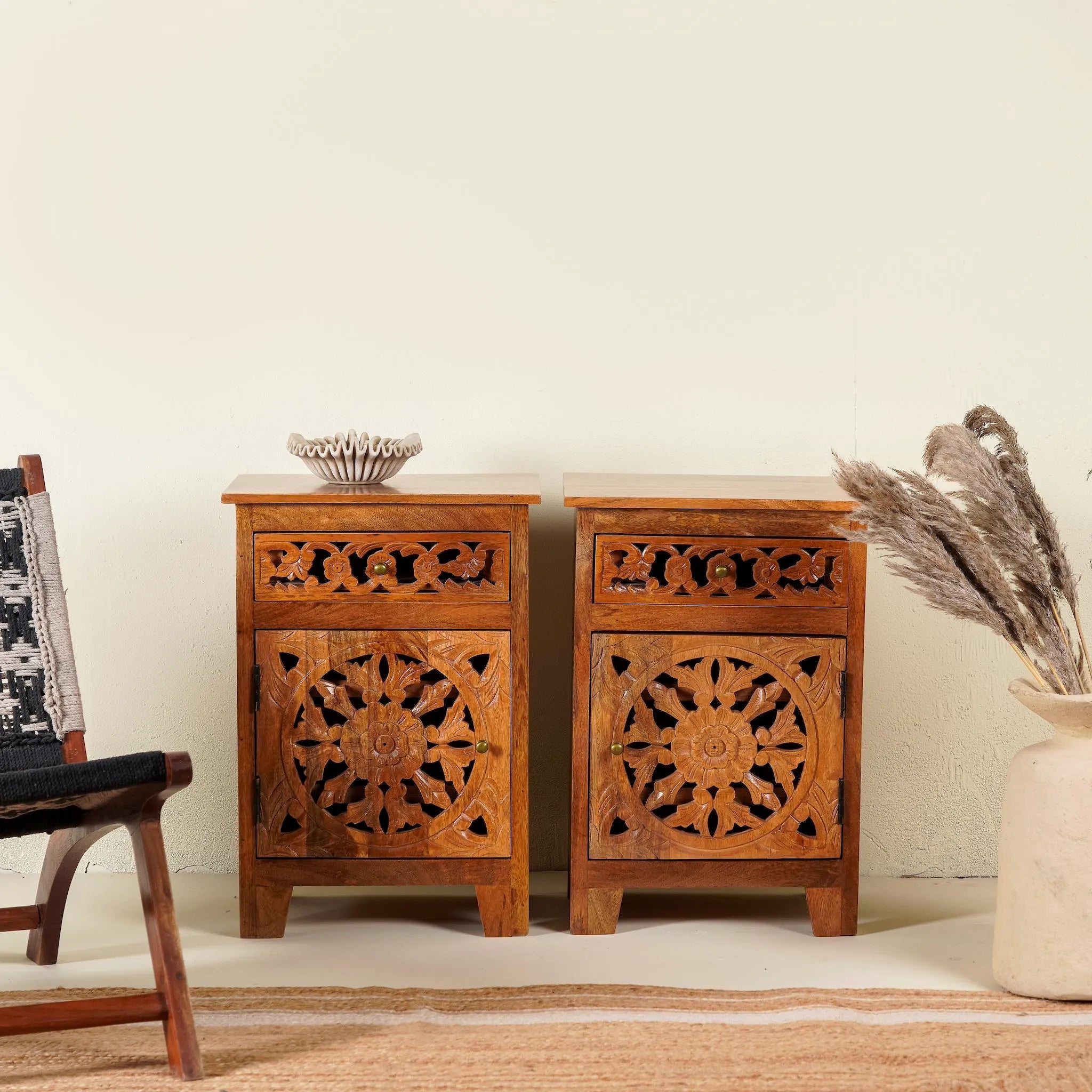 Handcrafted Floral Carved Solid Wood Bedside Cabinet - DOBRI ARTS AU