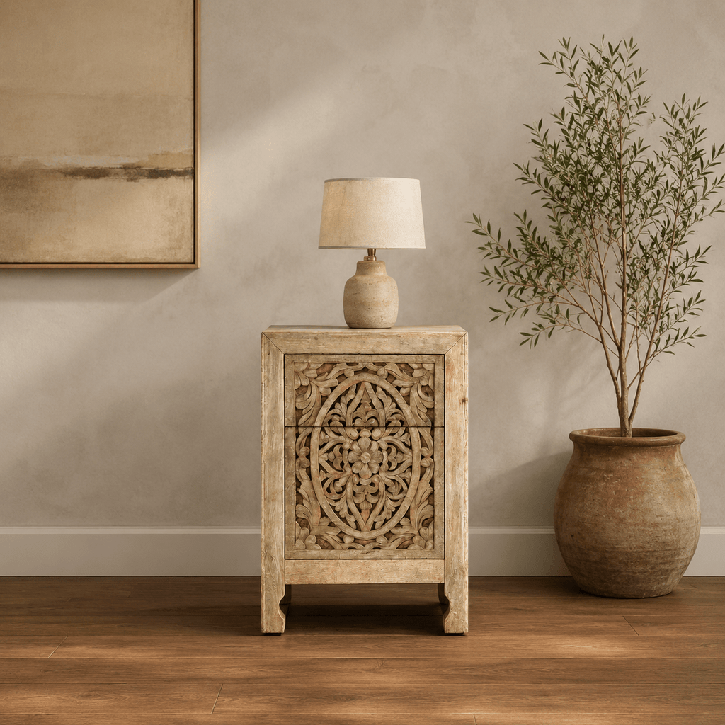 Handcrafted Floral Carved Wooden Bedside Chest - DOBRI ARTS AU