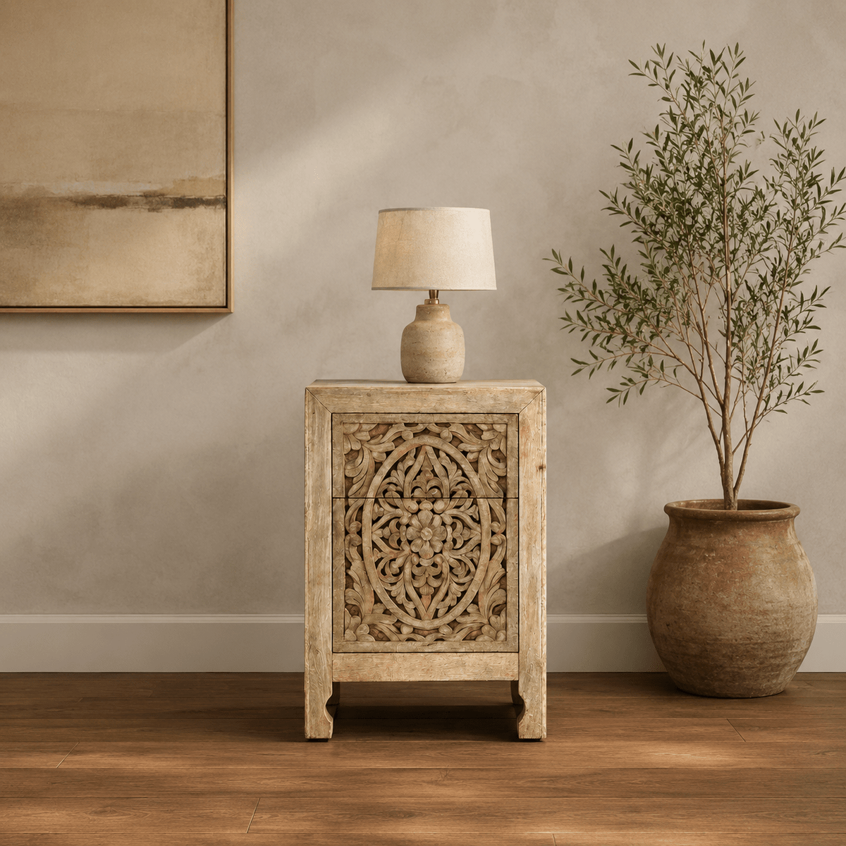 Handcrafted Floral Carved Wooden Bedside Chest - DOBRI ARTS AU