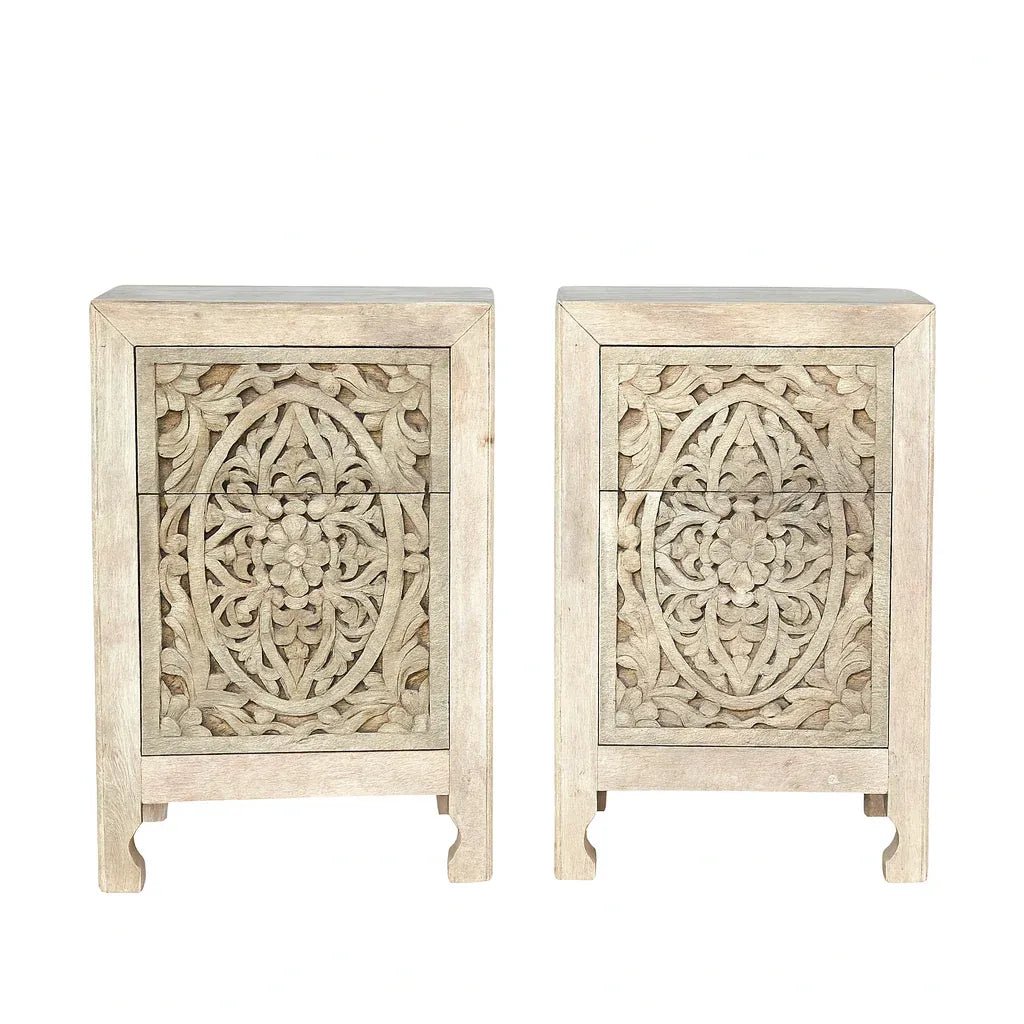 Handcrafted Floral Carved Wooden Bedside Chest - DOBRI ARTS AU