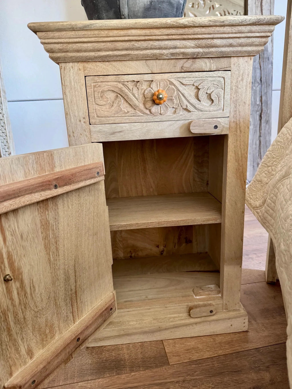 Handcrafted Floral Medallion Wooden Bedside Cabinet - DOBRI ARTS AU