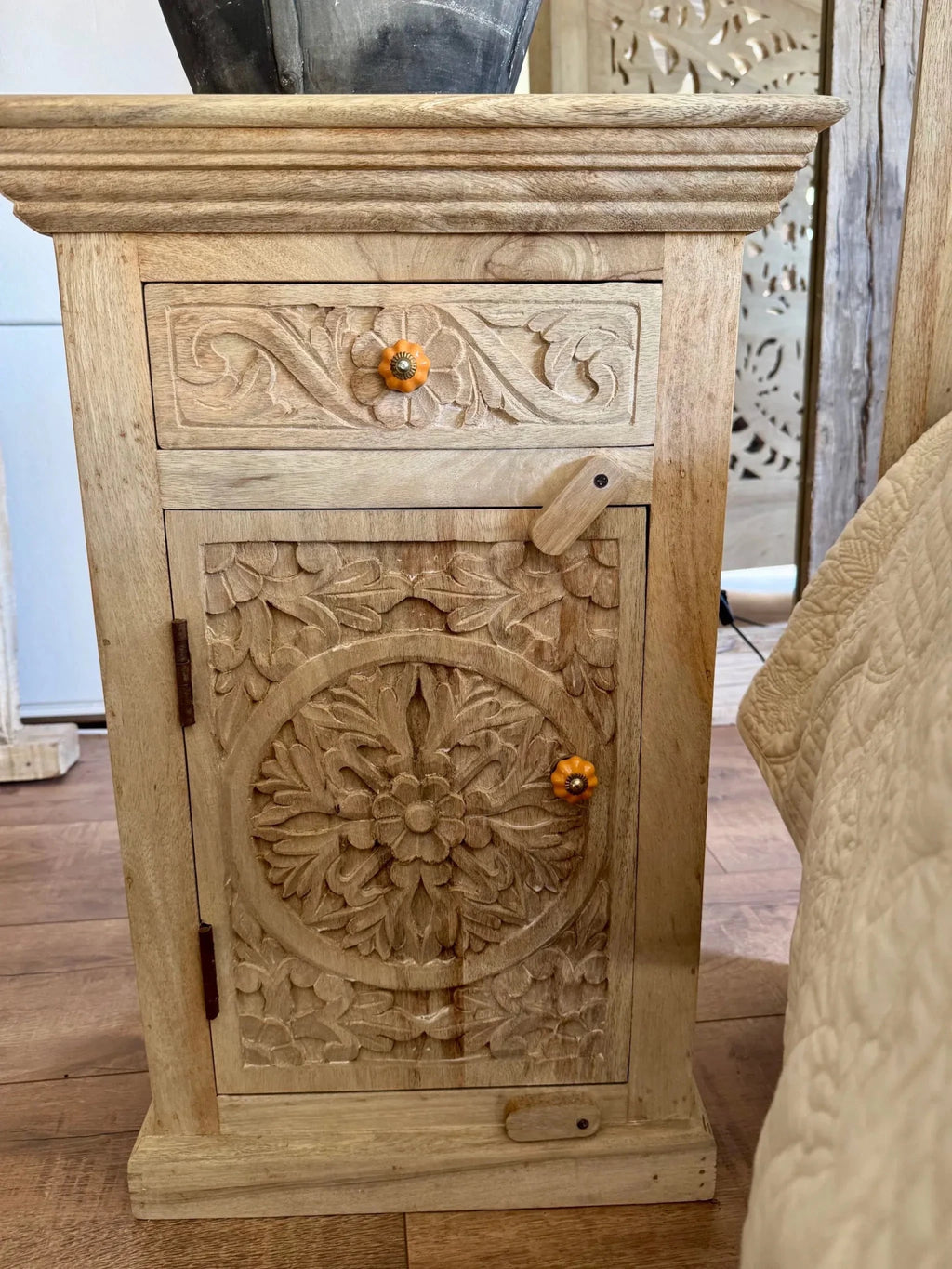 Handcrafted Floral Medallion Wooden Bedside Cabinet - DOBRI ARTS AU