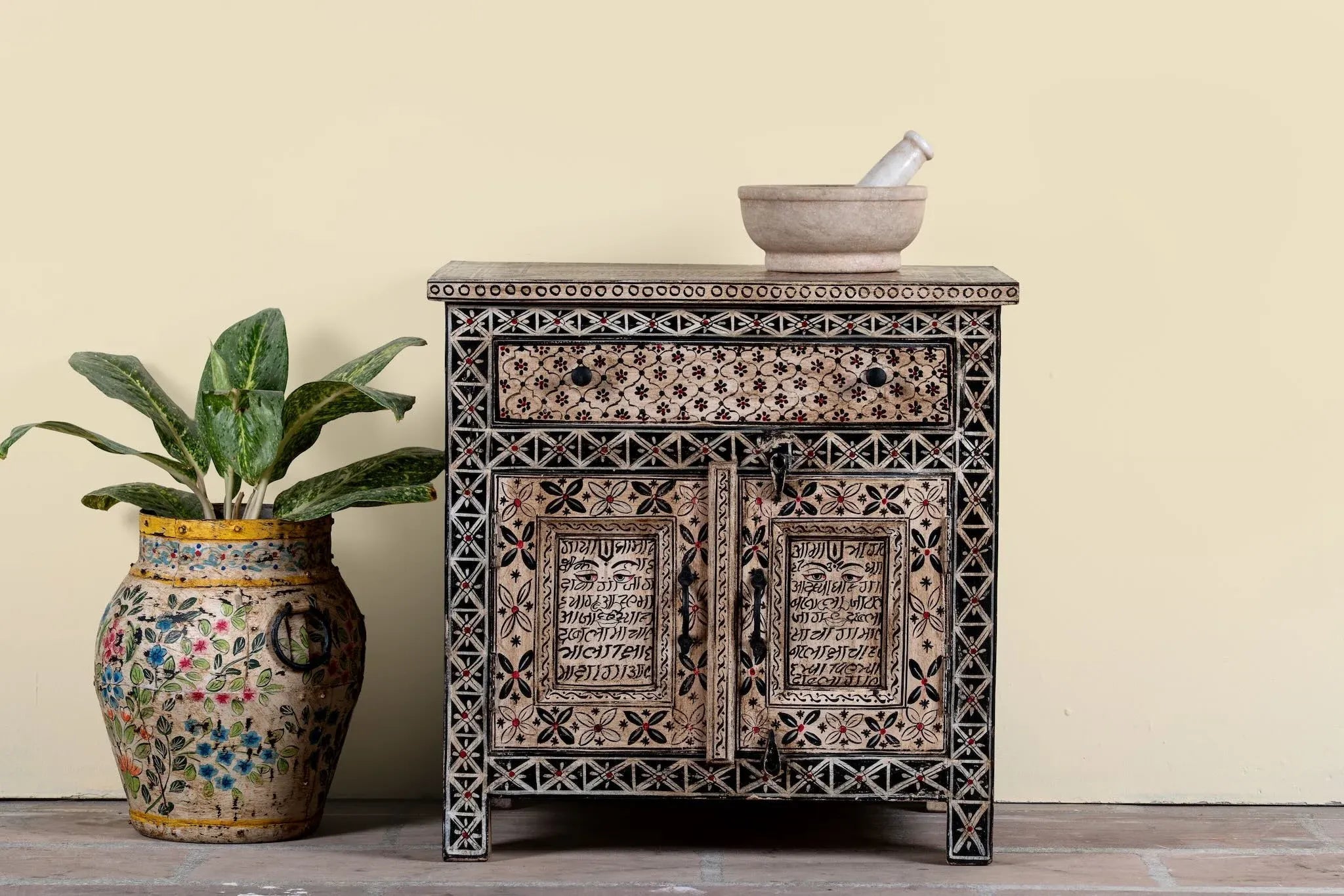 Handcrafted Tribal Art Mango Wood Accent Cabinet - DOBRI ARTS AU