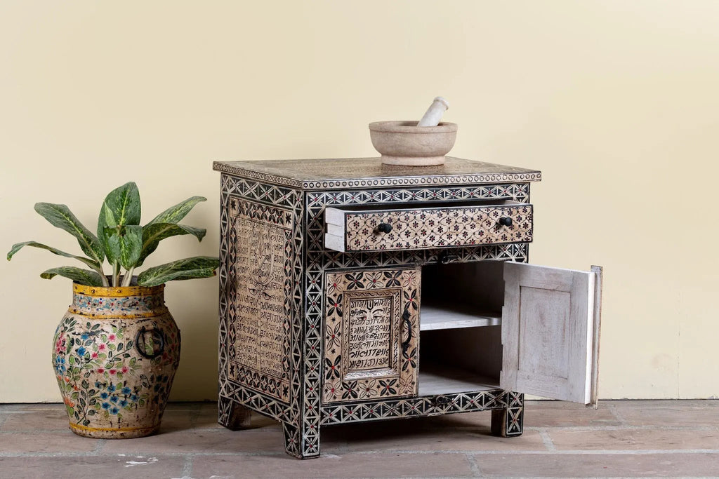 Handcrafted Tribal Art Mango Wood Accent Cabinet - DOBRI ARTS AU