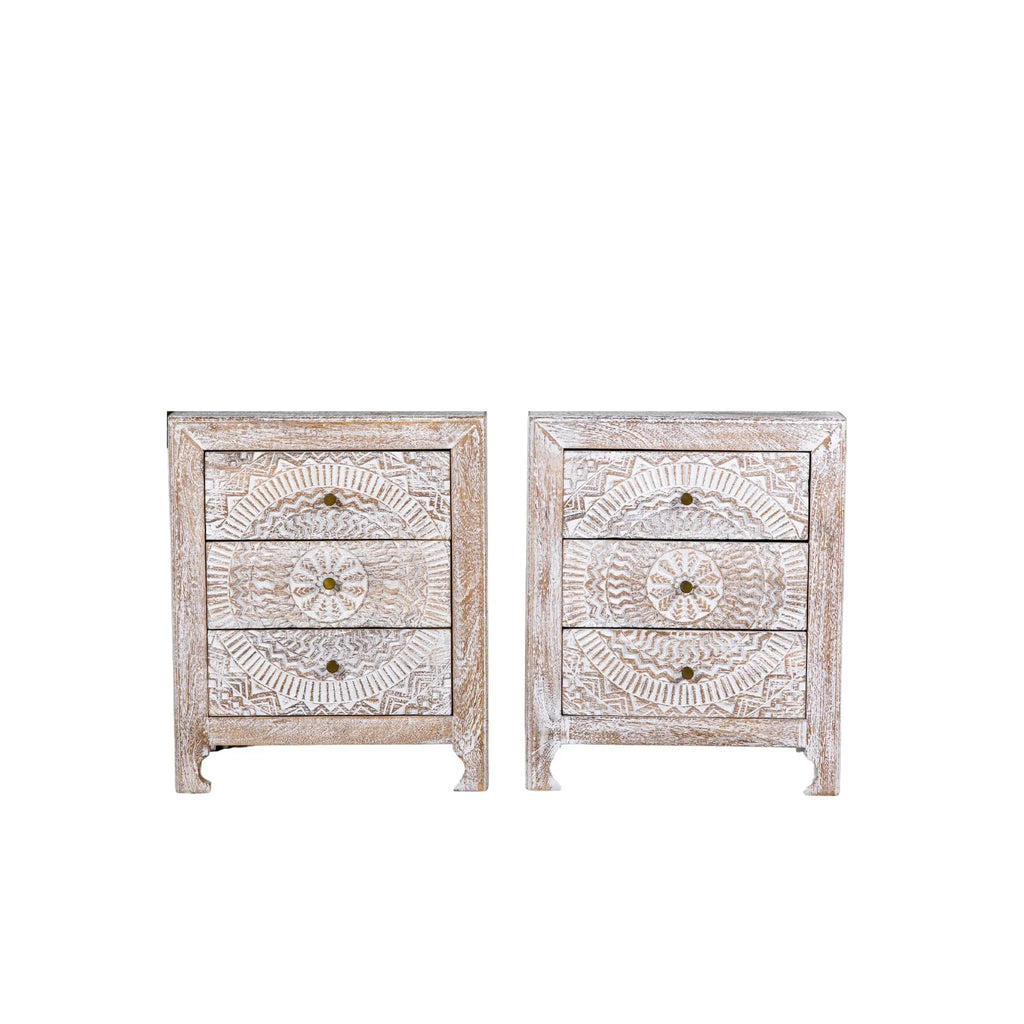 Handcrafted Whitewashed Mandala Pattern Bedside Chest - DOBRI ARTS AU
