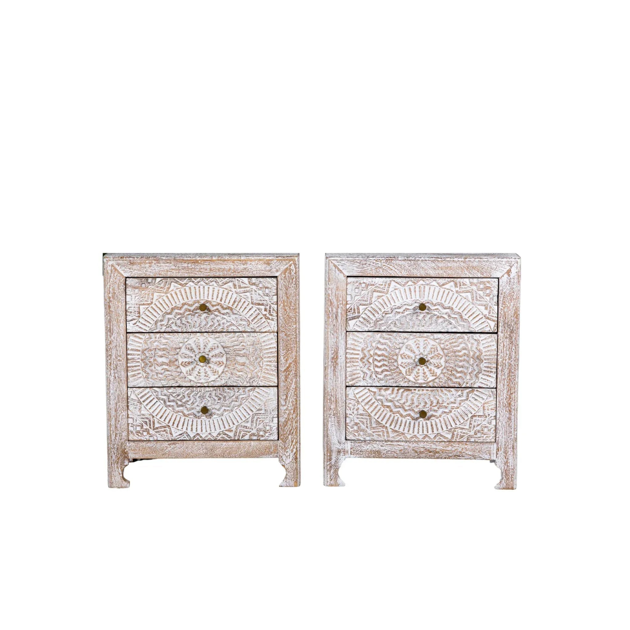 Handcrafted Whitewashed Mandala Pattern Bedside Chest - DOBRI ARTS AU