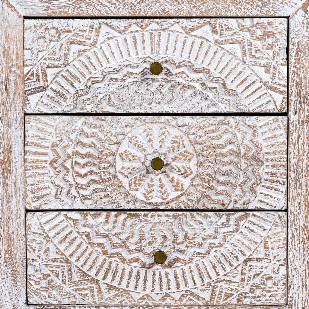 Handcrafted Whitewashed Mandala Pattern Bedside Chest - DOBRI ARTS AU