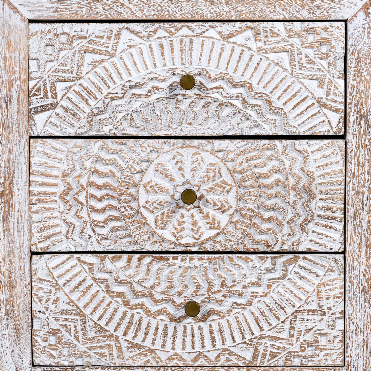 Handcrafted Whitewashed Mandala Pattern Bedside Chest - DOBRI ARTS AU
