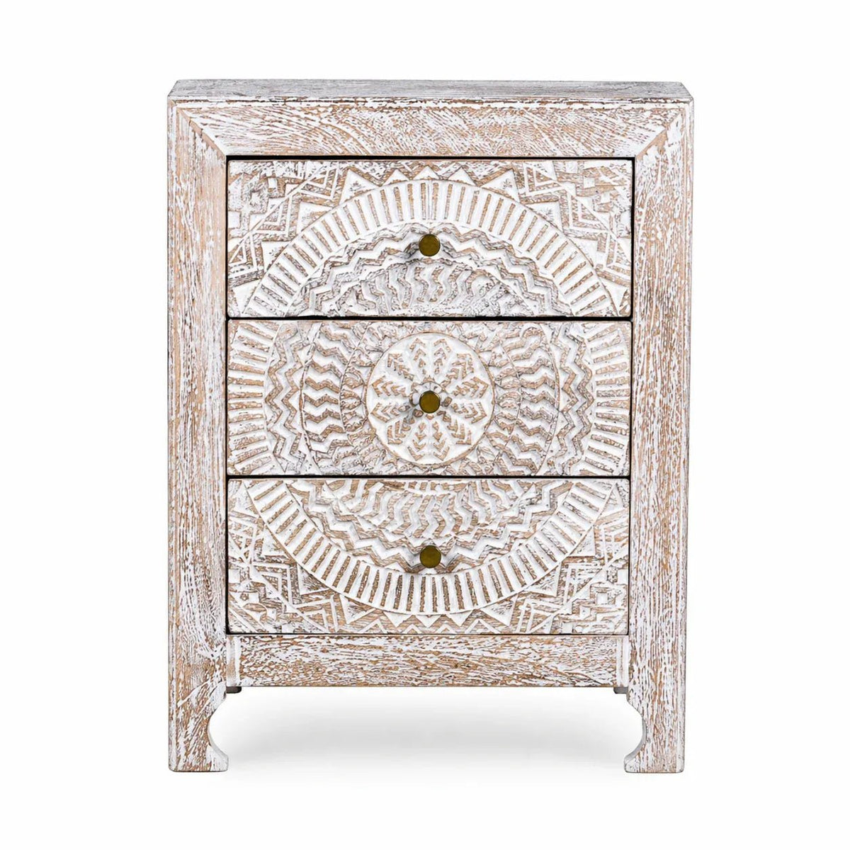 Handcrafted Whitewashed Mandala Pattern Bedside Chest - DOBRI ARTS AU
