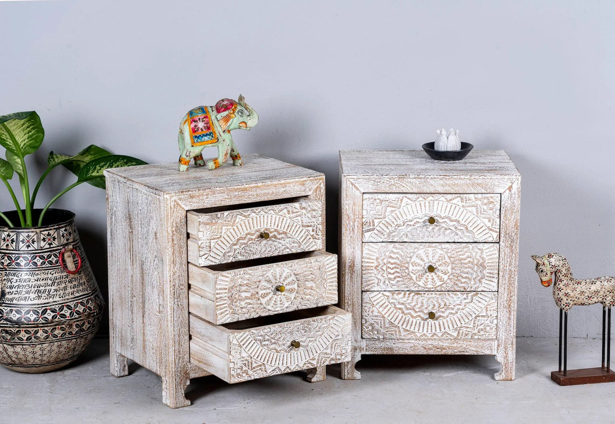 Handcrafted Whitewashed Mandala Pattern Bedside Chest - DOBRI ARTS AU