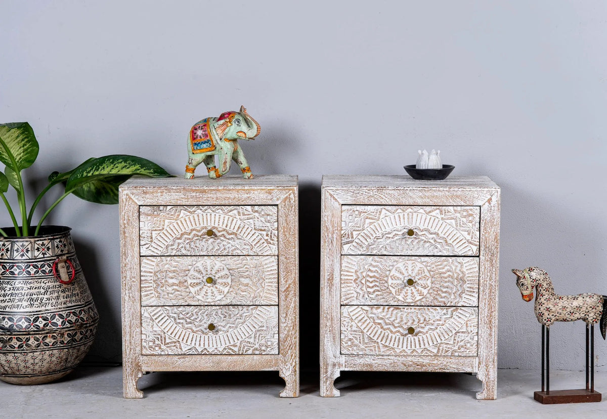 Handcrafted Whitewashed Mandala Pattern Bedside Chest - DOBRI ARTS AU