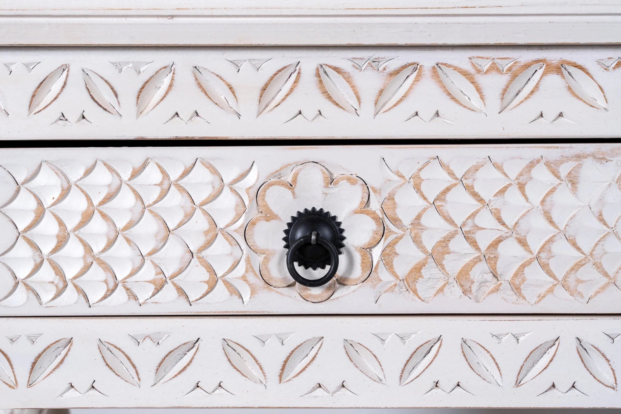 Hanuman White Carved Mango Wood Console Table with Shelf - DOBRI ARTS AU