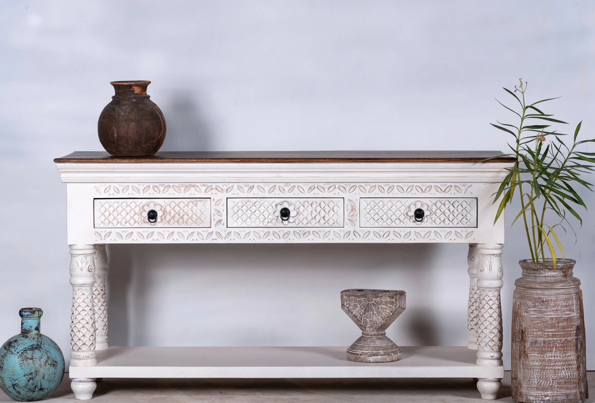 Hanuman White Carved Mango Wood Console Table with Shelf - DOBRI ARTS AU