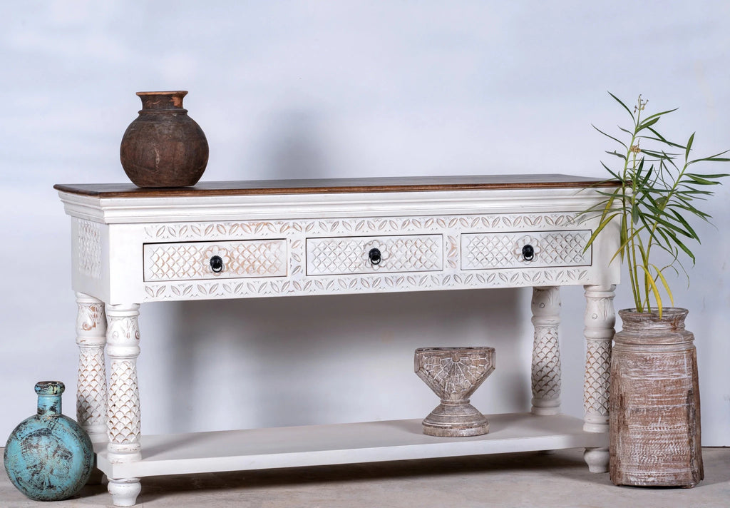 Hanuman White Carved Mango Wood Console Table with Shelf - DOBRI ARTS AU