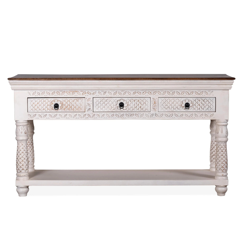 Hanuman White Carved Mango Wood Console Table with Shelf - DOBRI ARTS AU
