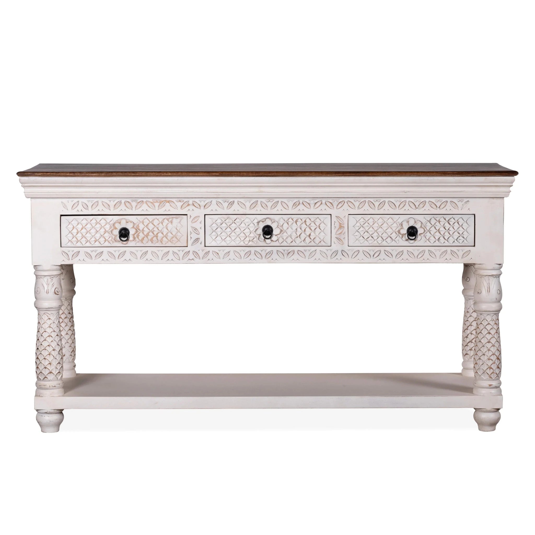 Hanuman White Carved Mango Wood Console Table with Shelf - DOBRI ARTS AU