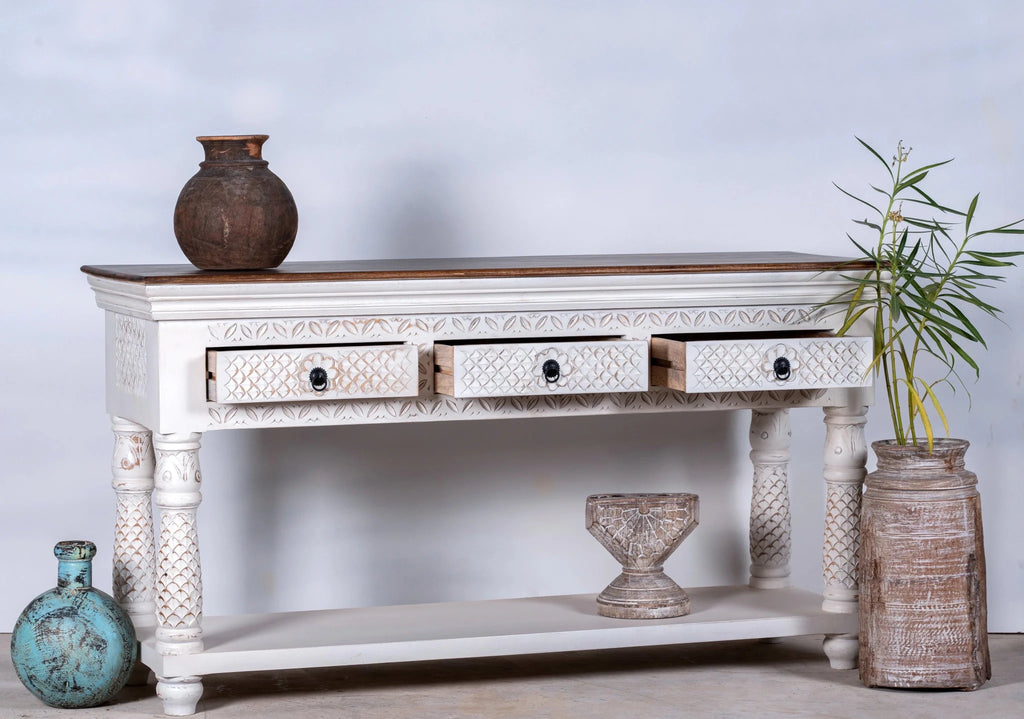Hanuman White Carved Mango Wood Console Table with Shelf - DOBRI ARTS AU