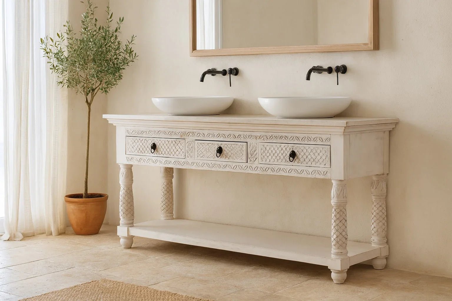 Hanuman White Carved Mango Wood Console Table with Shelf - DOBRI ARTS AU