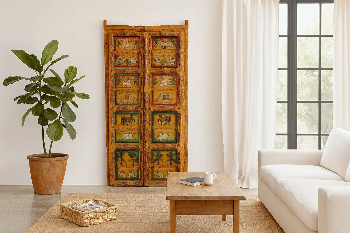 Harit Antique Hand-Painted Indian Door Panel - DOBRI ARTS AU