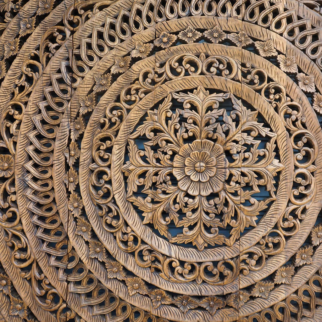 Hazel Hand Carved Mango Wood Headboard – Ornate Mandala Wall Panel with Floral Motif, Teak Finish - DOBRI ARTS AU