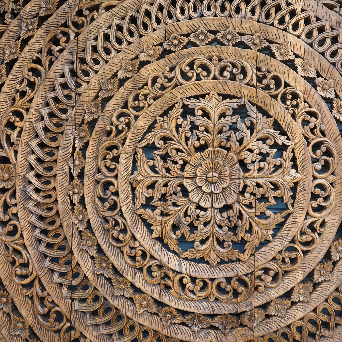 Hazel Hand Carved Mango Wood Headboard – Ornate Mandala Wall Panel with Floral Motif, Teak Finish - DOBRI ARTS AU
