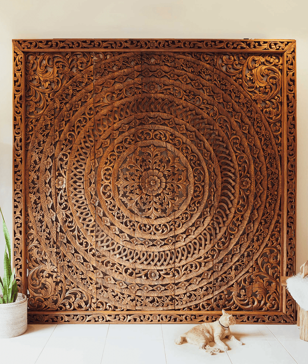 Hazel Hand Carved Mango Wood Headboard – Ornate Mandala Wall Panel with Floral Motif, Teak Finish - DOBRI ARTS AU
