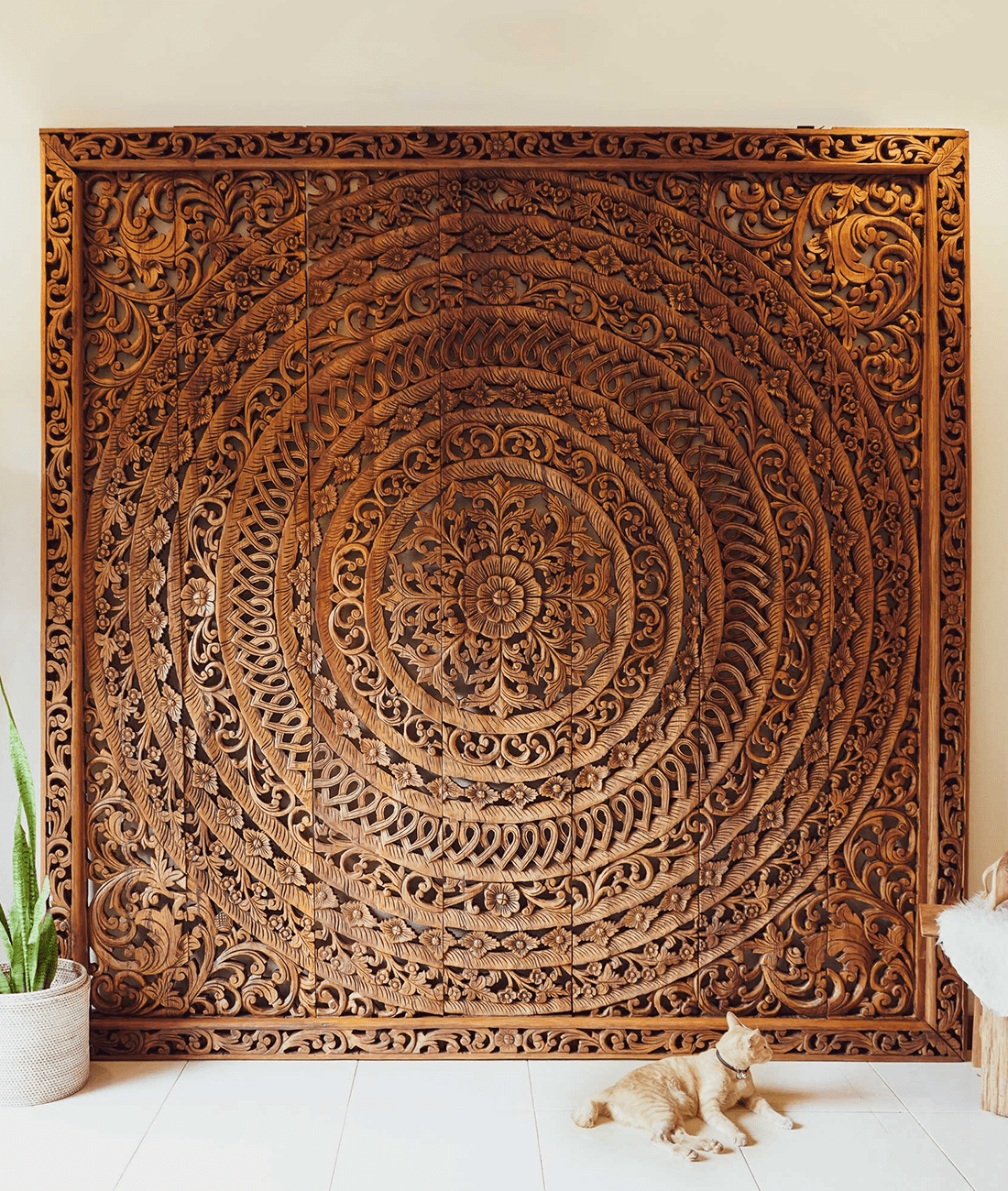 Hazel Hand Carved Mango Wood Headboard – Ornate Mandala Wall Panel with Floral Motif, Teak Finish - DOBRI ARTS AU