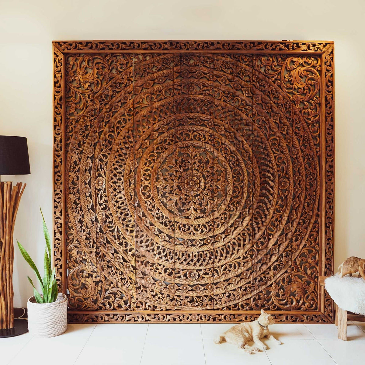 Hazel Hand Carved Mango Wood Headboard – Ornate Mandala Wall Panel with Floral Motif, Teak Finish - DOBRI ARTS AU