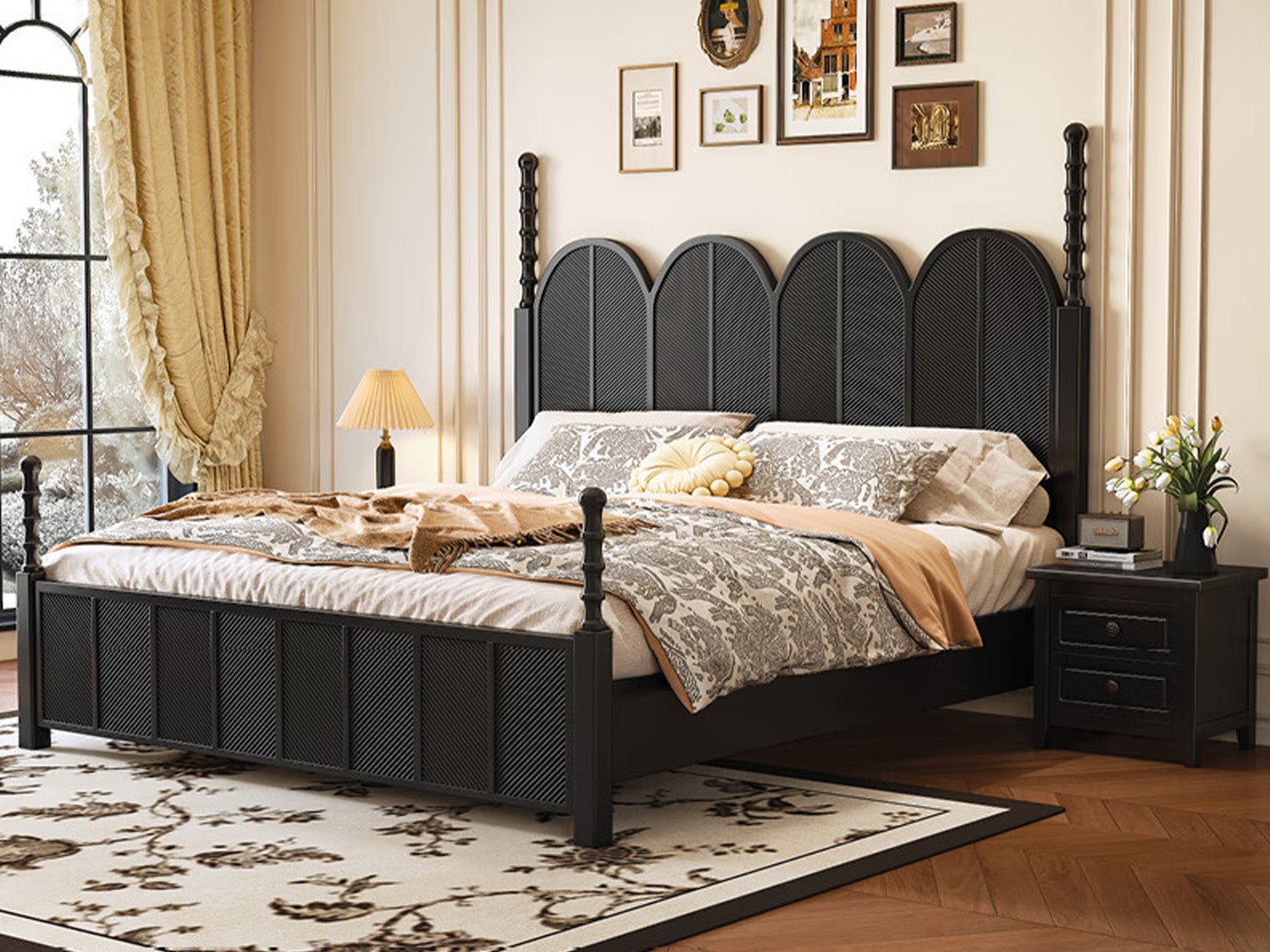 Hercules Classic Sheesham Wood Bed – Elegant Matte Black Panelled King Queen Bed with Decorative Spindle Posts - DOBRI ARTS AU