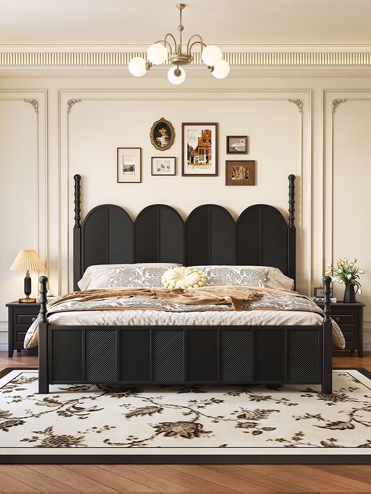 Hercules Classic Sheesham Wood Bed – Elegant Matte Black Panelled King Queen Bed with Decorative Spindle Posts - DOBRI ARTS AU