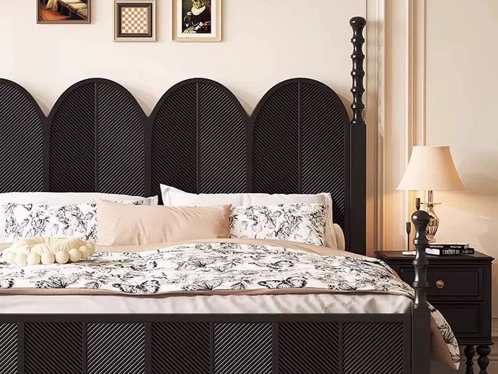 Hercules Classic Sheesham Wood Bed – Elegant Matte Black Panelled King Queen Bed with Decorative Spindle Posts - DOBRI ARTS AU
