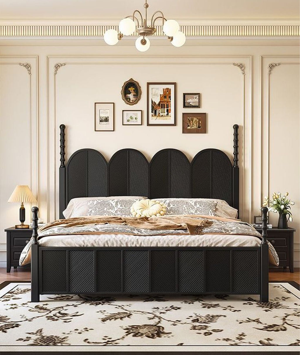 Hercules Classic Sheesham Wood Bed – Elegant Matte Black Panelled King Queen Bed with Decorative Spindle Posts - DOBRI ARTS AU