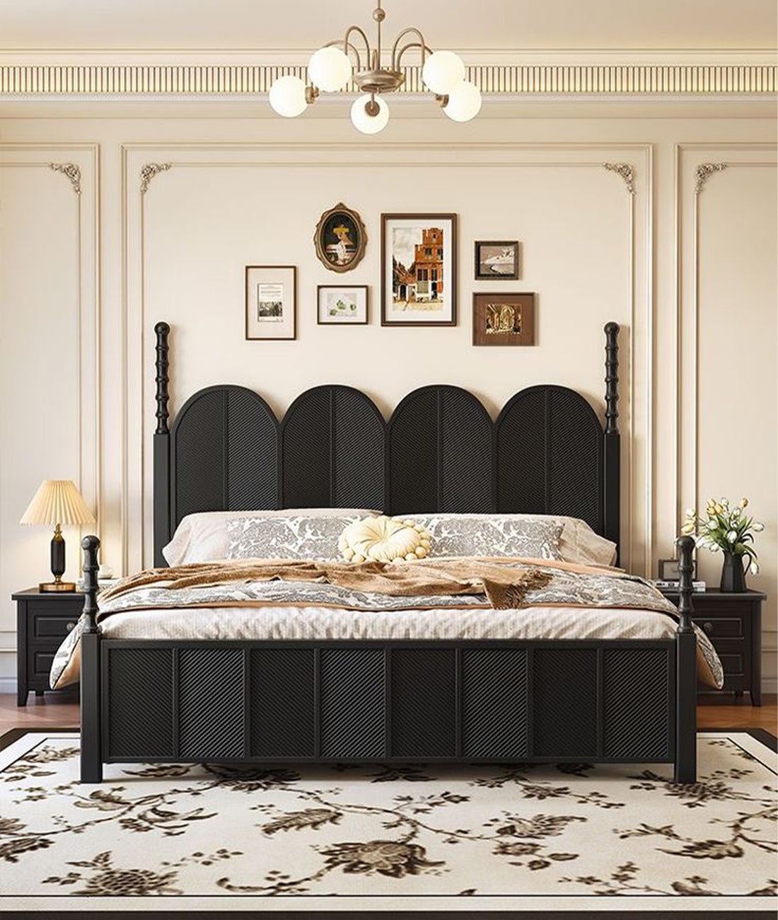 Hercules Classic Sheesham Wood Bed – Elegant Matte Black Panelled King Queen Bed with Decorative Spindle Posts - DOBRI ARTS AU