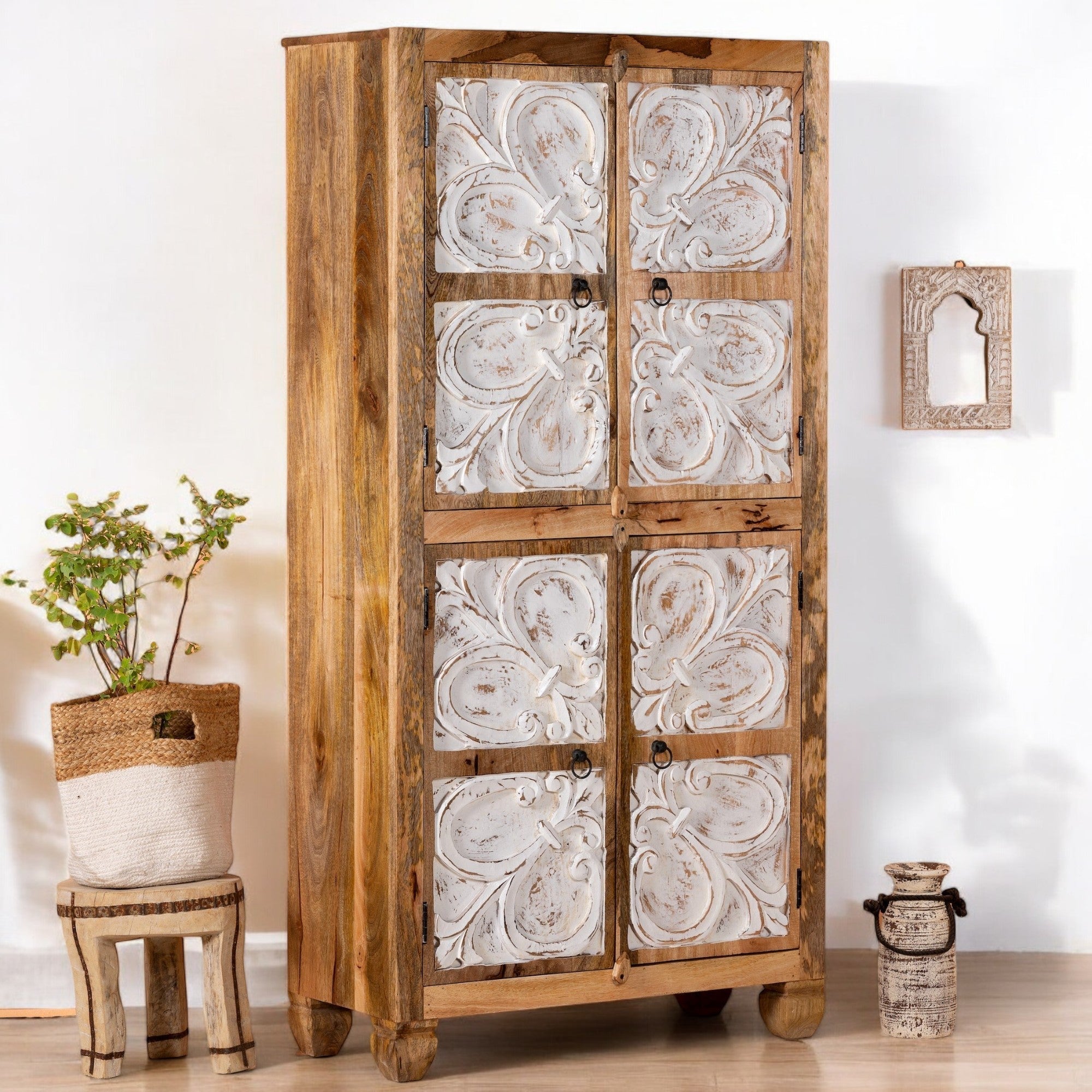 Hite Scrollwork Wooden Almirah Storage Cabinet - DOBRI ARTS AU