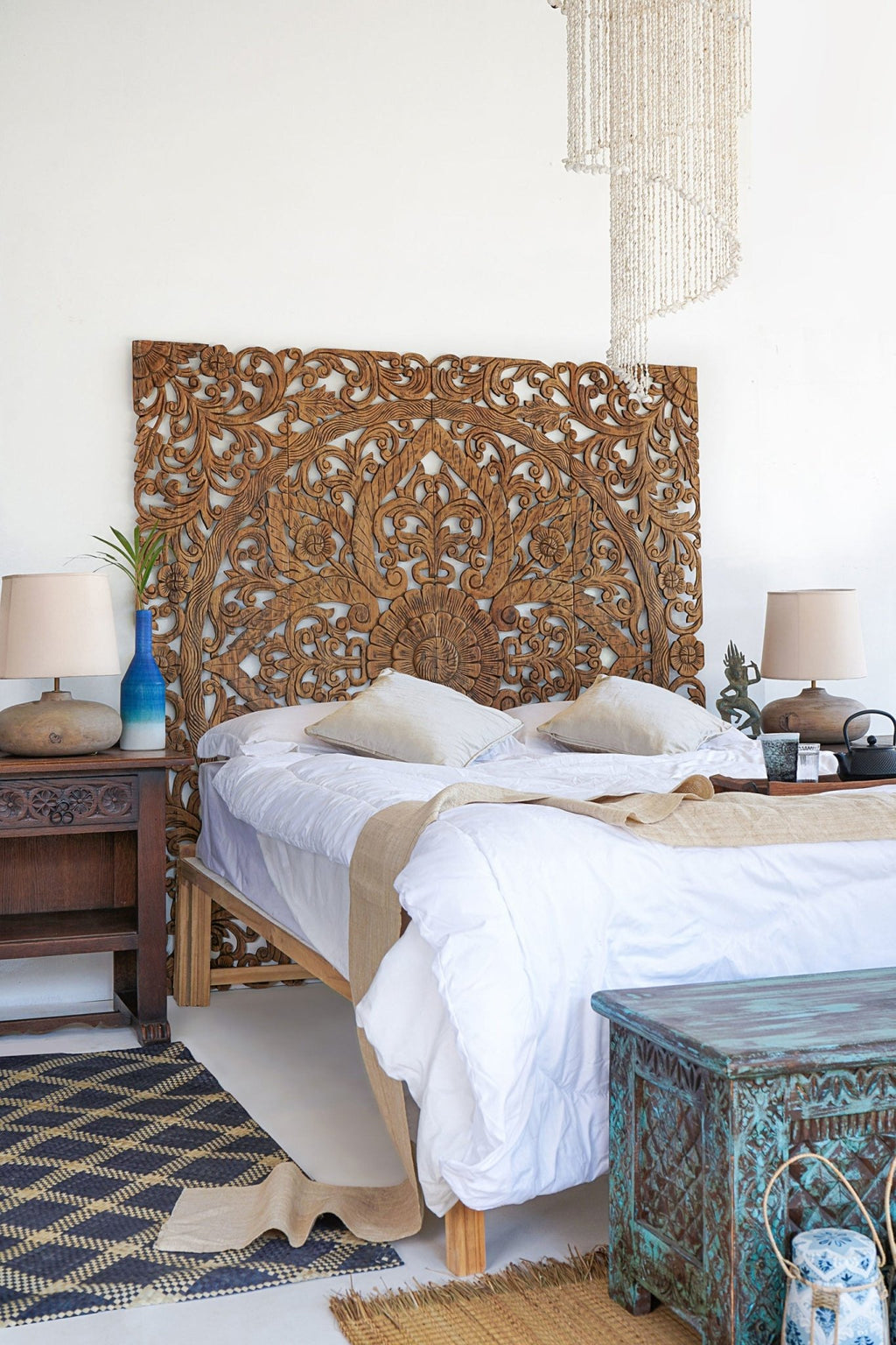 Honey Hand Carved Mango Wood Floral Mandala Headboard – Ornate Boho Scrollwork Decorative Wall Panel - DOBRI ARTS AU