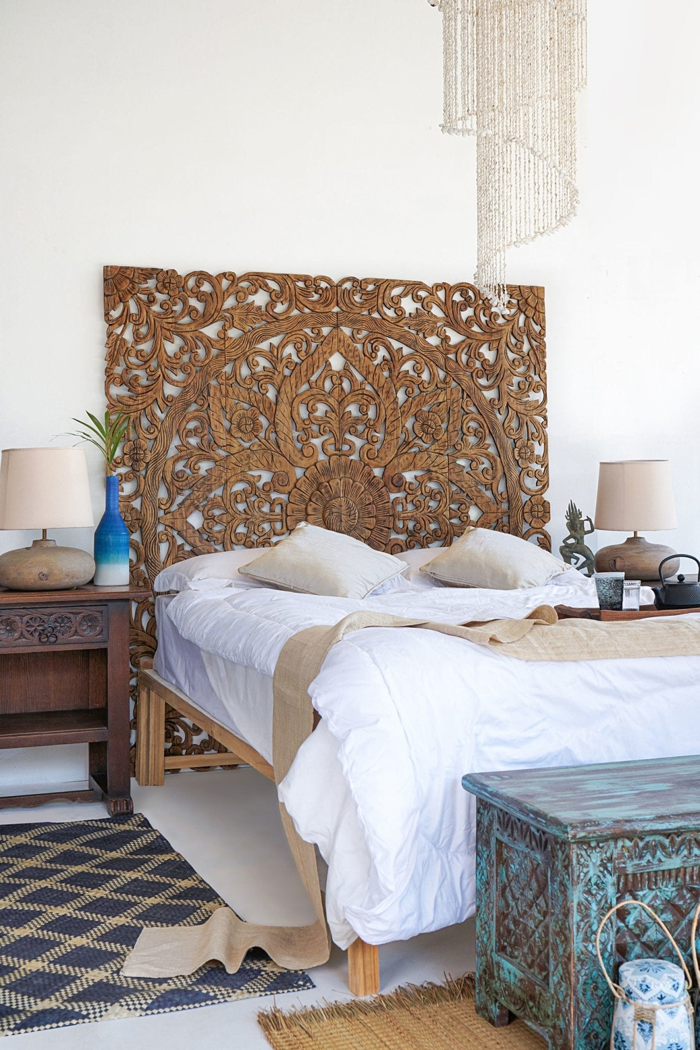 Honey Hand Carved Mango Wood Floral Mandala Headboard – Ornate Boho Scrollwork Decorative Wall Panel - DOBRI ARTS AU