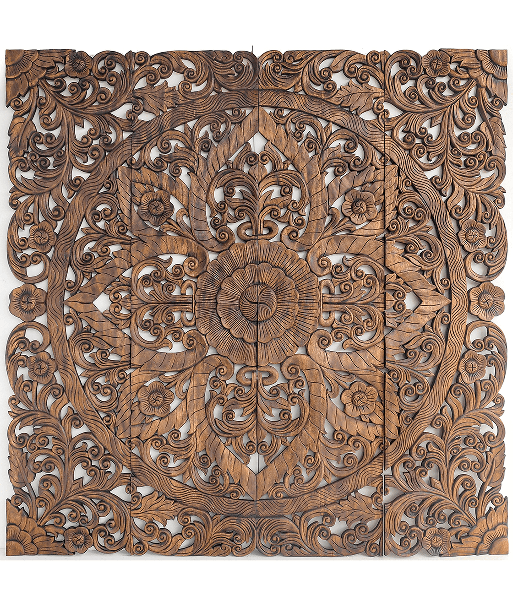 Honey Hand Carved Mango Wood Floral Mandala Headboard – Ornate Boho Scrollwork Decorative Wall Panel - DOBRI ARTS AU